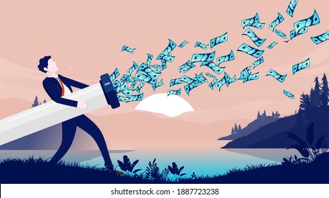 Wasting money - Businessman with pipe leaking money in to nature. Money poring out of businesses, and loosing money concept. Vector illustration.