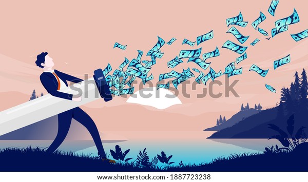 Wasting money - Businessman with pipe\
leaking money in to nature. Money poring out of businesses, and\
loosing money concept. Vector\
illustration.