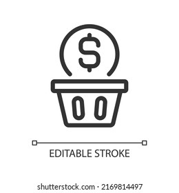 Geldpixel perfekte lineares Symbol zu verschwenden. Geld ausgeben beim Einkaufen. Impulsiver Einkäufer. Überausgaben. Dünne Illustration. Contour-Symbol. Vektorgrafik-Zeichnung. Bearbeitbarer Strich. Arithmetik verwendet