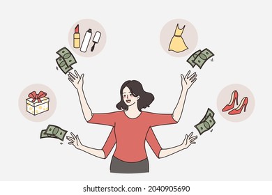 Wasting money and shopaholic concept. Young woman with many hands throwing money cash around her to buy different goods vector illustration 