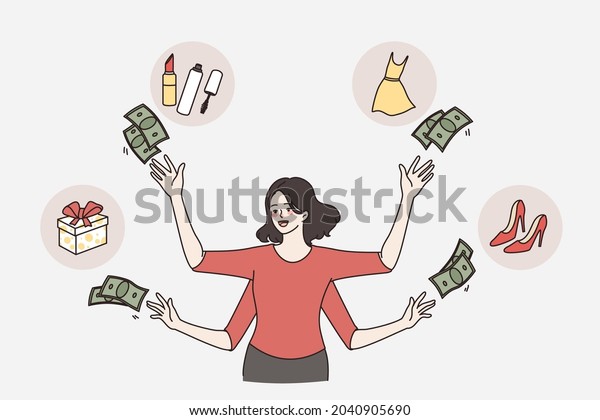 Wasting money and shopaholic concept. Young woman with\
many hands throwing money cash around her to buy different goods\
vector illustration 