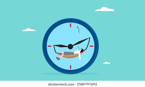 wasting time, lazy businesswoman, worker problem procrastination time management business people character waste work time flat vector illustration, businessman sleeps on clockwork