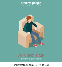 Wasting time, leisure flat 3d web isometric infographic concept vector. Young man sitting on cosy chair. Build your own world creative people collection.