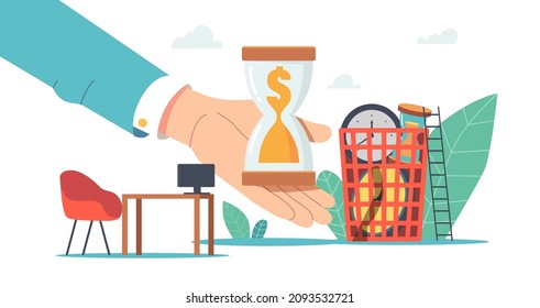Perder tiempo y dinero, aplazar la postergación del concepto de trabajo. Enorme hombre de negocios con mano de hornillo con arena y dólar adentro, lugar de trabajo con oficina, reloj. Ilustración del vector de dibujos animados