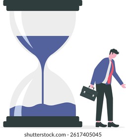 Wasting time waiting and never start new business, time fly or ineffective thinking or laziness concept, depressed businessman time passing sandglass or hourglass.

