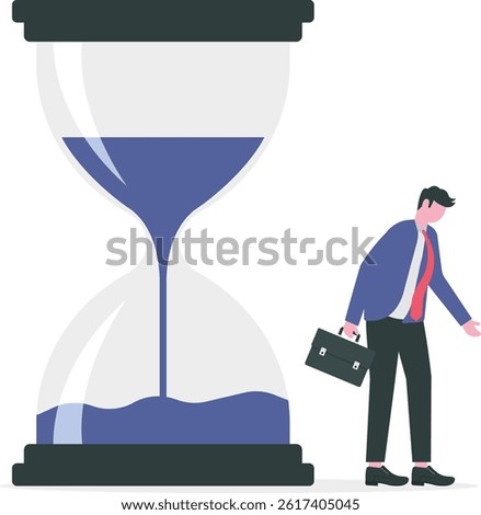 Wasting time waiting and never start new business, time fly or ineffective thinking or laziness concept, depressed businessman time passing sandglass or hourglass.

