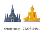 Wat Arun and Buddha Golden Statue as Thailand Symbol and Famous Landmark Vector Set