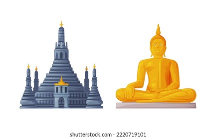 Wat Arun and Buddha Golden Statue as Thailand Symbol and Famous Landmark Vector Set