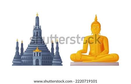 Wat Arun and Buddha Golden Statue as Thailand Symbol and Famous Landmark Vector Set