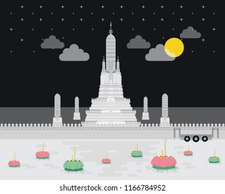 Wat Arun Ratchawararam Ratchawaramahawihan or Wat Arun is a Buddhist temple in bangkok city landmark and loy kratong thailand festival full super moon