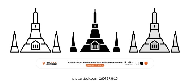 Wat Arun Ratchawararam Ratchawaramahawihan Line Icon. Bangkok, Thailand, Landmark, Silhouette, Color Vector, Editable Stroke.
