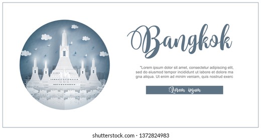 Wat Arun Temple, Bangkok, Thailand. World famous landmark with white frame and label. Travel postcard and poster, brochure, advertising Vector illustration.
