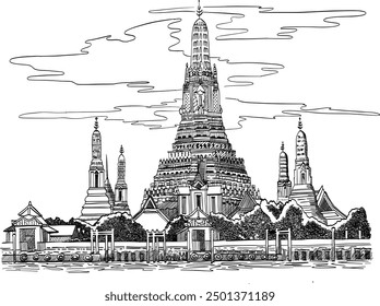 Wat Arun Tempel in Bangkok, Thailand. Vektorgrafik. Skizzenzeichnung