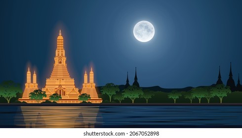 Wat Arun Temple beside Chao Phraya River at night time in Bangkok, Thailand, the light hitting the sculpture, One of the most famous place landmarks. Graphic vector