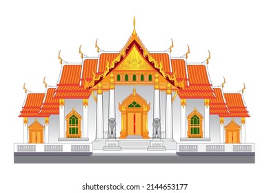 Wat Benchamabophit Dusitvanaram – The beautiful famous Buddhism marble temple in Bangkok Thailand drawing in vector