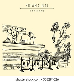 Wat Chedi Luang, Chiang Mai, Thailand, Southeast Asia. Elephant sculptures, trees, bells. Historic Buddhist temple. Religious treasure. Vector postcard template, "Chiang Mai, Thailand" hand lettering