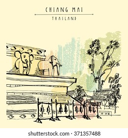 Wat Chedi Luang, Chiang Mai, Thailand, Southeast Asia. Elephant sculptures, trees, bells. Historic Buddhist temple. Religious treasure. Vector vintage hand drawn postcard template, hand lettering