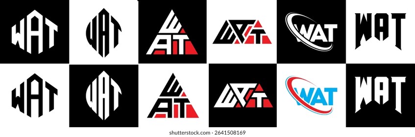 WAT letter logo design in six style. WAT polygon, circle, triangle, hexagon, flat and simple style with black and white color variation letter logo set in one artboard. WAT minimalist and classic logo