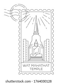 Wat Mahathat Temple stamp, minimal linear vector illustration and typography design, Thailand
