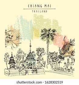 Wat Pan Ping, Chiang Mai, Thailand, Southeast Asia.   Historical Buddhist temple. Religious treasure. Artistic travel sketch. Vintage hand drawn postcard, poster, book illustration. EPS 10 vector