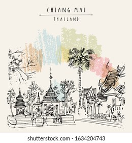 Wat Pan Ping, Chiang Mai, Thailand, Southeast Asia.   Historical Buddhist temple. Religious treasure. Artistic travel sketch. Vintage hand drawn postcard, poster, book illustration. EPS 10 vector