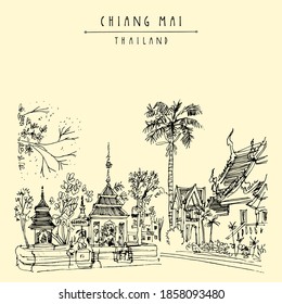 Wat Pan Ping, Chiang Mai, Thailand, Southeast Asia.   Historical Buddhist temple. Religious treasure. Artistic travel sketch. Vintage hand drawn postcard, poster, book illustration. EPS 10 vector