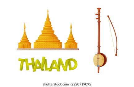 Wat Phra Kaew and Bow Musical Instrument as Thailand Symbol and Famous Landmark Vector Set