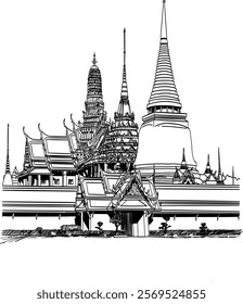 Wat Phra Kaew, Buddhist temple in Bangkok, Thailand. Hand drawn sketch in vector illustration.