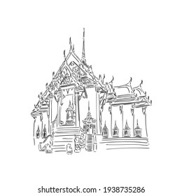 Wat Phra Kaew, holy place and grand palace, Bangkok, Thailand. Hand drawn sketch in vector illustration.