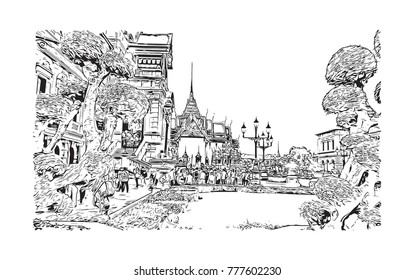 Wat Phra Kaew, holy place and grand palace, Bangkok, Thailand. Hand drawn sketch in vector illustration.