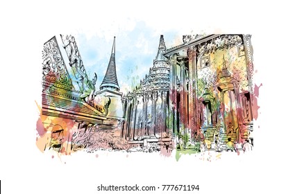 Wat Phra Kaew, holy place and grand palace Bangkok, Thailand. Watercolor splash with hand drawn sketch in vector illustration.