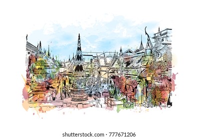 Wat Phra Kaew, holy place and grand palace Bangkok, Thailand. Watercolor splash with hand drawn sketch in vector illustration.