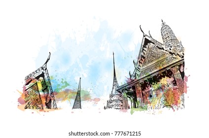 Wat Phra Kaew, holy place and grand palace Bangkok, Thailand. Watercolor splash with hand drawn sketch in vector illustration.