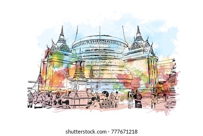 Wat Phra Kaew, holy place and grand palace Bangkok, Thailand. Watercolor splash with hand drawn sketch in vector illustration.