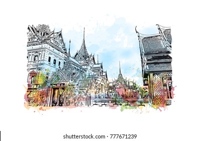Wat Phra Kaew, holy place and grand palace Bangkok, Thailand. Watercolor splash with hand drawn sketch in vector illustration.
