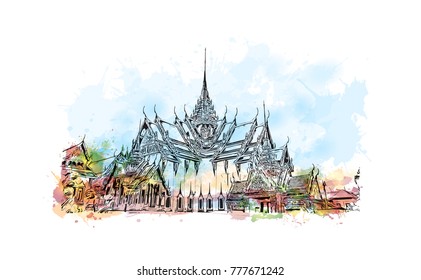 Wat Phra Kaew, holy place and grand palace Bangkok, Thailand. Watercolor splash with hand drawn sketch in vector illustration.