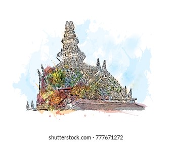 Wat Phra Kaew, holy place and grand palace Bangkok, Thailand. Watercolor splash with hand drawn sketch in vector illustration.
