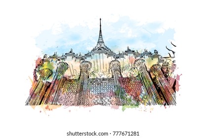 Wat Phra Kaew, holy place and grand palace Bangkok, Thailand. Watercolor splash with hand drawn sketch in vector illustration.