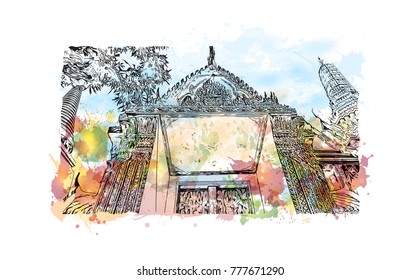 Wat Phra Kaew, holy place and grand palace Bangkok, Thailand. Watercolor splash with hand drawn sketch in vector illustration.