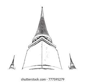 Wat Phra Kaew, the most sacred Buddhist temple in Thailand. Hand drawn sketch in vector illustration.