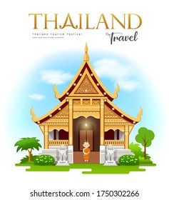 Wat Phra Singh Waramahavihan, Chiang Mai, Thailand travel Buddhist Temple and Historic Site design background, vector illustration