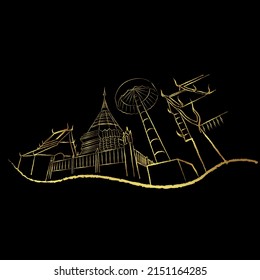 Wat Phra That Doi Suthep temple in Chiangmai Province. Golden sketch and drawing vector design