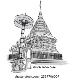 Wat Phra That Doi Suthep outline black and white.