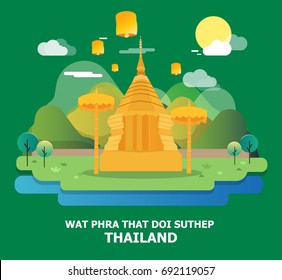 Wat phra that doi suthep amazing temple in Thailand illustration design.vector