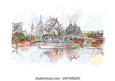 Wat Rong Khun, Wat in Pa O Don Chai, Thailand. Watercolor splash with hand drawn sketch illustration in vector.