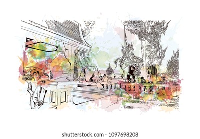 Wat Rong Khun, Wat in Pa O Don Chai, Thailand. Watercolor splash with hand drawn sketch illustration in vector.