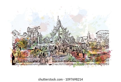 Wat Rong Khun, Wat in Pa O Don Chai, Thailand. Watercolor splash with hand drawn sketch illustration in vector.
