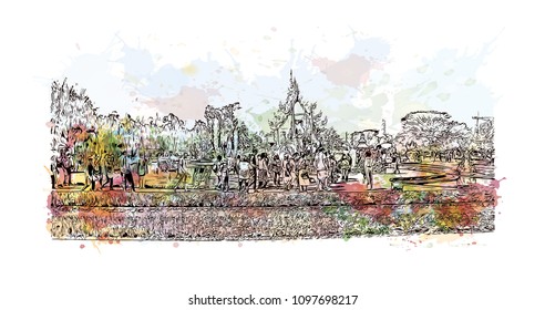 Wat Rong Khun, Wat in Pa O Don Chai, Thailand. Watercolor splash with hand drawn sketch illustration in vector.