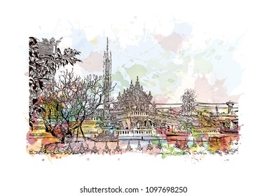 Wat Rong Khun, Wat in Pa O Don Chai, Thailand. Watercolor splash with hand drawn sketch illustration in vector.