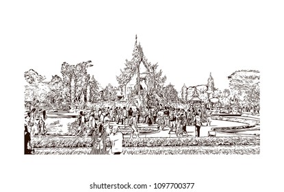 Wat Rong Khun, Wat in Pa O Don Chai, Thailand. hand drawn sketch illustration in vector.